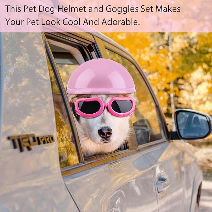 Frienda Dog Helmet and Goggles, UV Protection Doggy Sunglasses and 4 Inch Padded Puppy Motorcycle Helmet Adorable Dog Goggles with Adjustable Belt for Small Dogs Puppy Riding(Pink,S)-PurrikoPets