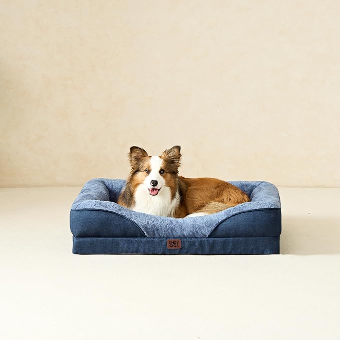 EHEYCIGA Memory Foam Dog Bed for Medium Size, Orthopedic Dog Sofa with Sides and Waterproof Liner, Washable Bolster Pet Couch with Removable Cover, 35x22x6.5 Inch, Navy-PurrikoPets
