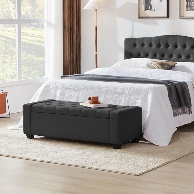 48" Ottoman with Storage, Storage Ottoman Bench with Safety Hinge, Upholstered Entryway Bench with Seating for Bedroom, Living Room, Holds up to 330 lb, Dark Gray-PurrikoPets