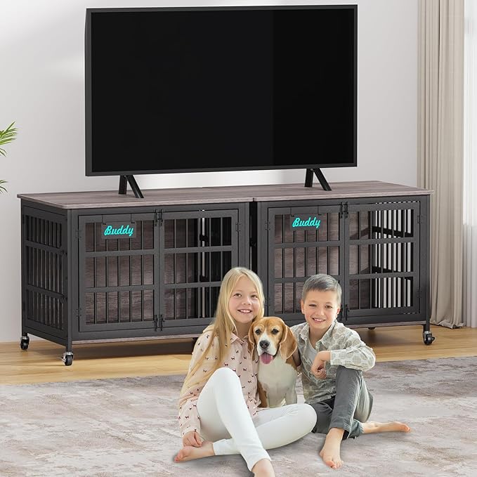 EasyCom 41"/33"/27" Dog Crate Furniture with Name Tag, Heavy Duty Dog Kennel Indoor for Medium Dogs, Double-Doors Sturdy Metal Dog Cage for Anxiety Dog, Decorate House as TV Stand, End Table-PurrikoPets