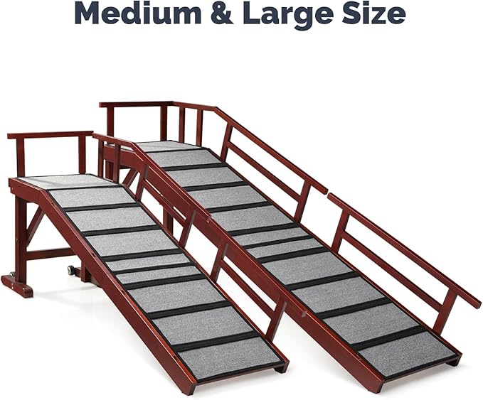 Dog Ramp for Bed or Couch, Wooden Pet Ramp with 20° Gentle Slope, Removable Side Rails, Non-Slip Surface, Top Platform & Wheels, Safe Bed Ramp for Small, Medium & Senior Dogs, 60" Long, Mahogany-PurrikoPets