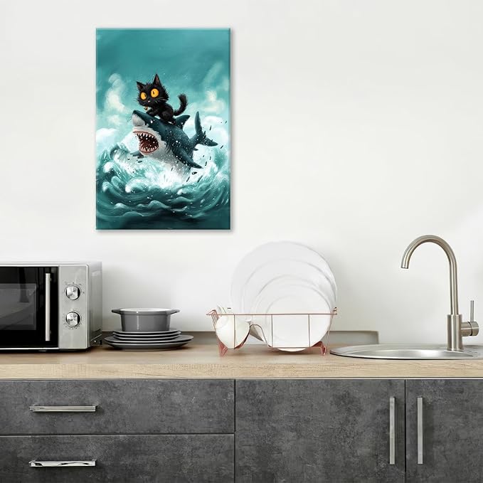 Funny Black Cat Bathroom Wall Art Cute Cat Riding Shark Canvas Wall Decor Animal Kitten Pictures Painting Print Artwork Framed Decorations Gifts for Cat Lover Kids Room Bedroom 16"x24"-PurrikoPets
