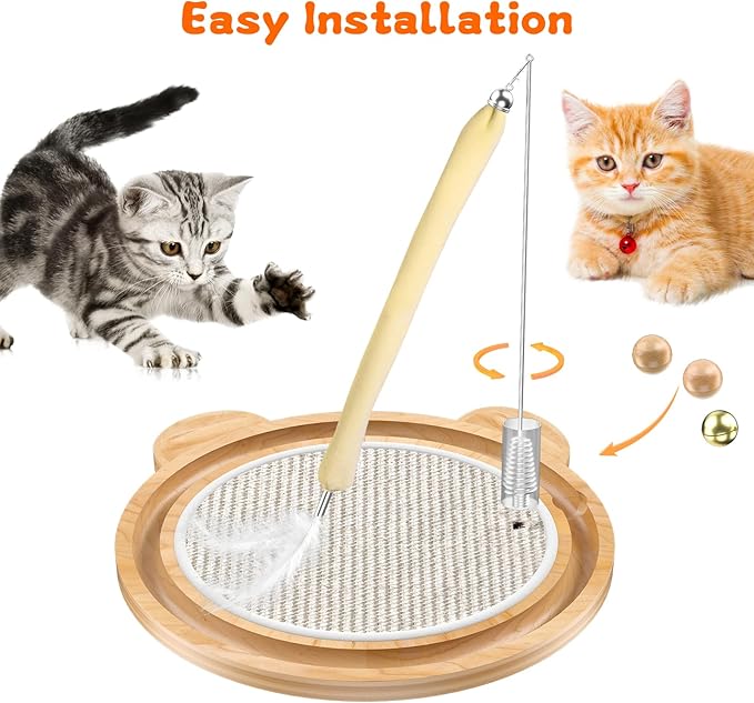 3-in-1 Cat Toys, Scratcher, Toys for Indoor Cats, Natural Sisal Scratching Board, Kitten Interactive with Ball Track & Retractable Wand Toy & Feather-PurrikoPets