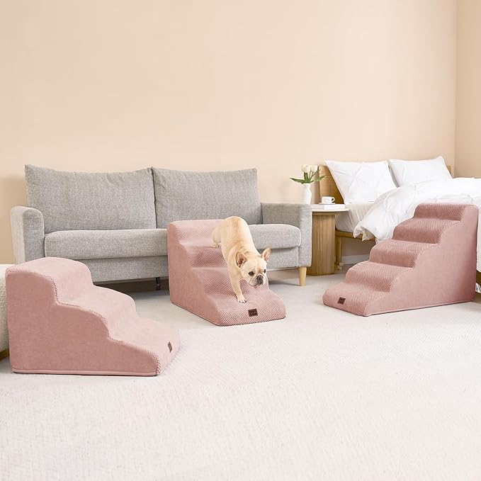 EHEYCIGA Curved Dog Stairs Ramp for Small Dogs 15.7" H, 3-Step Dog Steps for Couch Sofa and Chair, Pet Stairs for Cats, Non-Slip Balanced Pet Steps Indoor, Dusty Pink-PurrikoPets