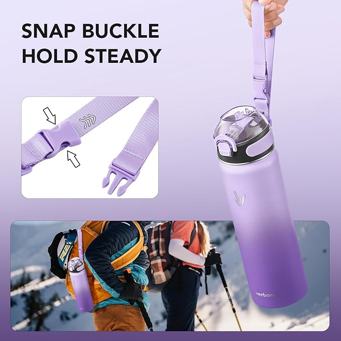 Enerbone 24 oz Insulated Water Bottle, Stainless Steel Bottle with Carrying Strap, Double-Wall Vacuum Insulation Design, Leakproof Sports Bottle with Straw, Keep Drinks Cold or Hot for Hours-PurrikoPets