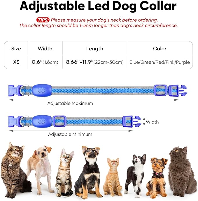 Flashseen LED Cat Collar,Light Up Dog Collar Rechargeable, Dog Lights for Night Walking, Comfortable Soft Mesh Pet Collar Adjustable for Cats Puppy and Small Dogs(Blue, XS)-PurrikoPets