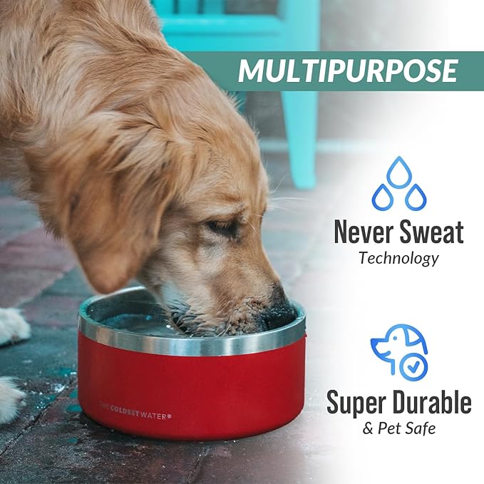 Coldest Dog Bowl - Anti Rust Metal, Non Slip, 3 Layers Insulated Stainless Steel Dog Bowls - Spill Proof & Heavy Duty - Water Bowl for Dogs, Cats, Dish Washer Safe (42 oz, Polished Stainless Steel)-PurrikoPets