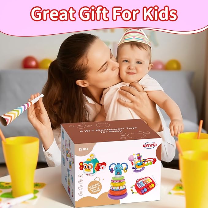 4 in 1 Baby Toy for 6 9 12 18 Month, Learning Toys for Babies 6-12 Months, Baby Busy Cube, Stacking Sorter, Pull String & Piano Xylophone Travel Toy, Birthday Gift for 1 2 Year Old-PurrikoPets