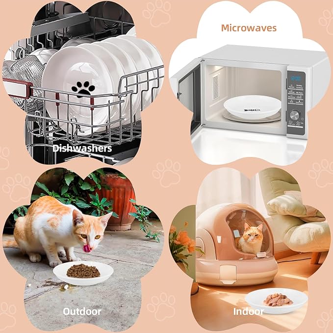 6 Pack Cat Food Bowl, Ceramic Cat Bowls, Anti Whisker Fatigue Cats Bowl Set,5.5 Inches Shallow Wide Kitten Plates for Food and Water (Cat's Paw Style)-PurrikoPets
