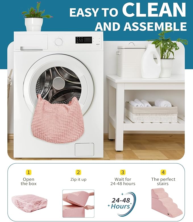 Dog Step for Bed, Dog Stair 5-Step 35D Pet Stair 22.8" H for High Bed or Sofa Non-Slip Balanced Pet Step Indoor, Pink-PurrikoPets