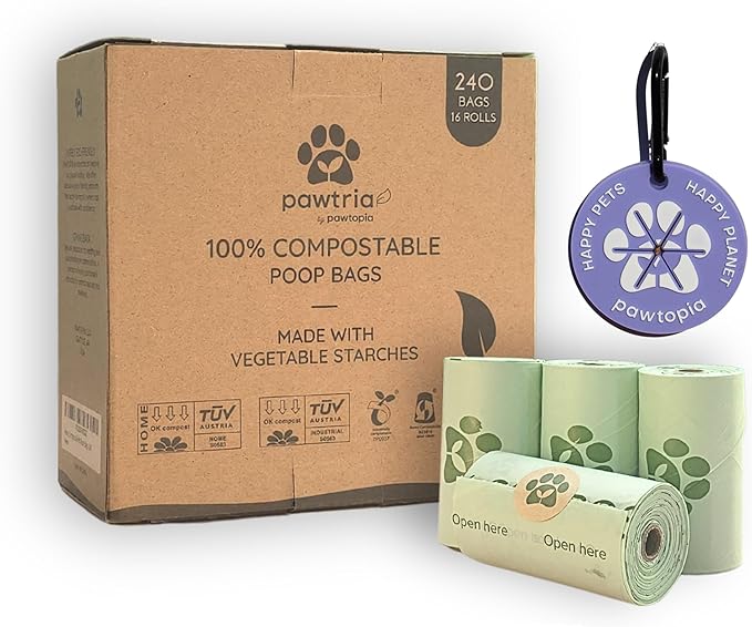 Pawtria Certified Home Compostable Dog Poop Bags (240 Bags + Lavender Carrier), Biodegradable Pet Waste Bags, Vegetable Starches, Leak proof Dog Waste Bags, Light-weight silicone made bag carrier-PurrikoPets