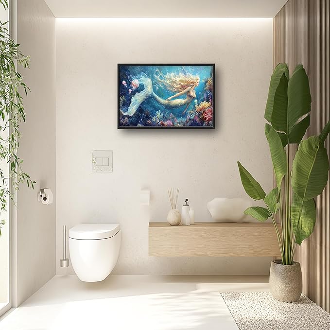 Extra Large Framed Mermaid Wall Art,Oversized Undersea Ocean Wall Decor,Colorful Coral Reefs Pictures for Living Room,Elegant Canvas Print Painting Modern Artwork Bedroom Bathroom 36L x 24W-PurrikoPets