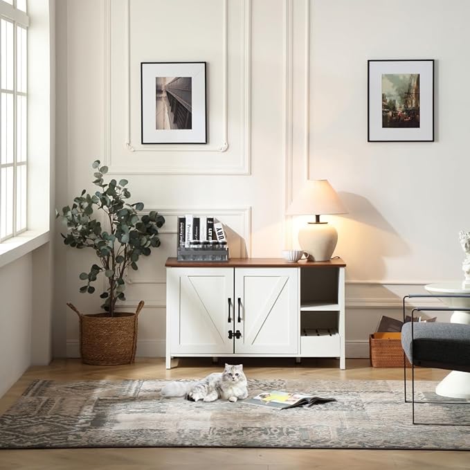 41.3'' Cat Litter Enclosure,Adjustable Shelf for Dog Proof and Storage,Locks Added for Cat, Litter Collector,Small Indoor Cat House,Antique White-PurrikoPets