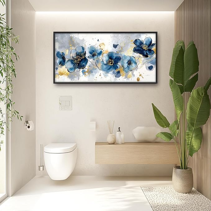 Extra Large Framed Abstract Blue Flower Wall Art,Oversized Golden Grey Floral Wall Decor Pictures for Living Room,Canvas Print Painting Modern Artwork Bedroom Office Bathroom Home Decor 60L" x 30W"-PurrikoPets