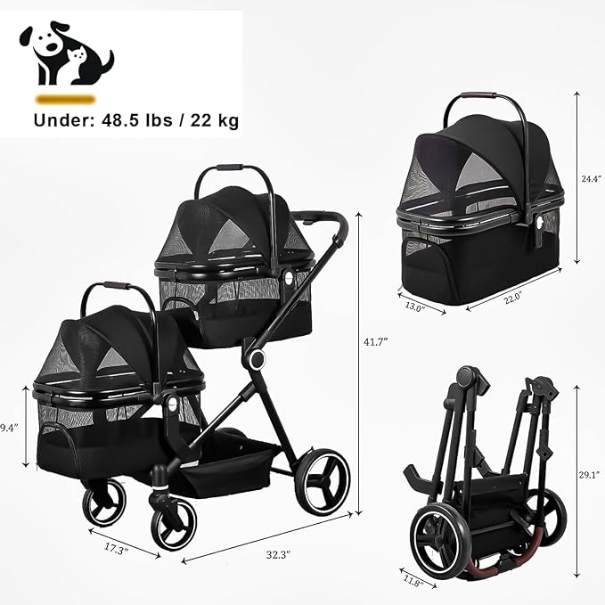 Foldable Double Pet Stroller for 2 Small Medium Cats Dogs, Lightweight Single and Double Integrated Pet Stroller with Detachable Carriers-PurrikoPets