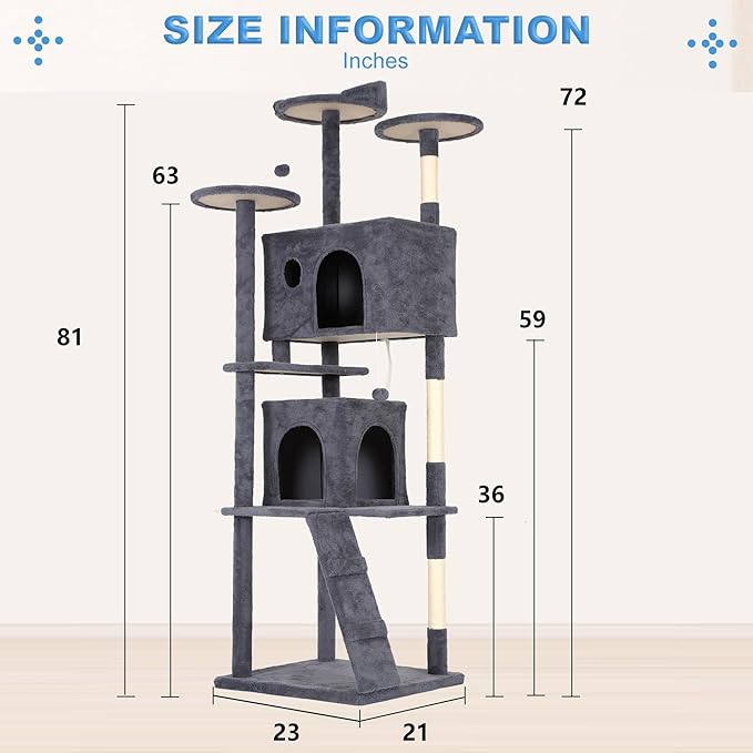 FDW Cat Tree Tower 81in Multi-Level Durable Cat Scratching Post & Cozy Fun Jumping Platform Space Saving Condo Pet Play House for Indoor Cats,Dark Gray-PurrikoPets