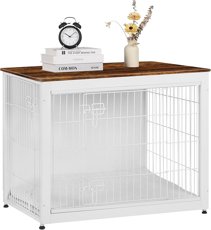 DWANTON Dog Crate Furniture with Cushion, Wooden Kennel Table with Double Doors, Indoor Dog House, Large Size, 38.5" L, White+Rustic Brown-PurrikoPets