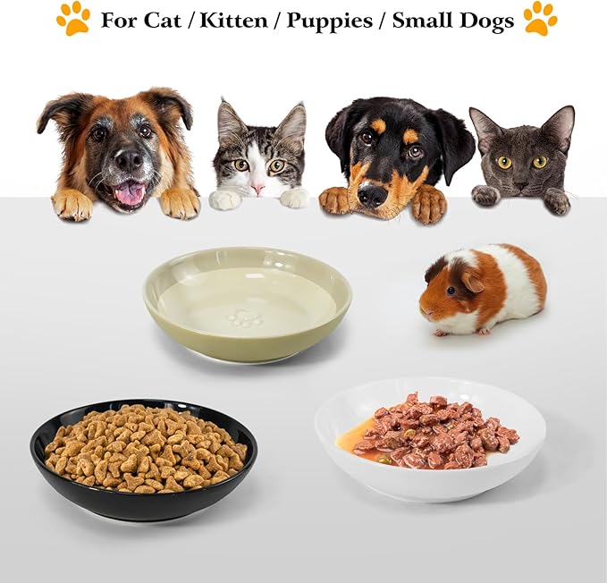 3PCS Cat Food Bowl,Ceramic Cat Dish for Indoor Cats,Wide Shallow Cat Bowls for Dry and Wet Food,Anti Whisker Fatigue Cat Plates for Kitten Cats or Dogs-PurrikoPets