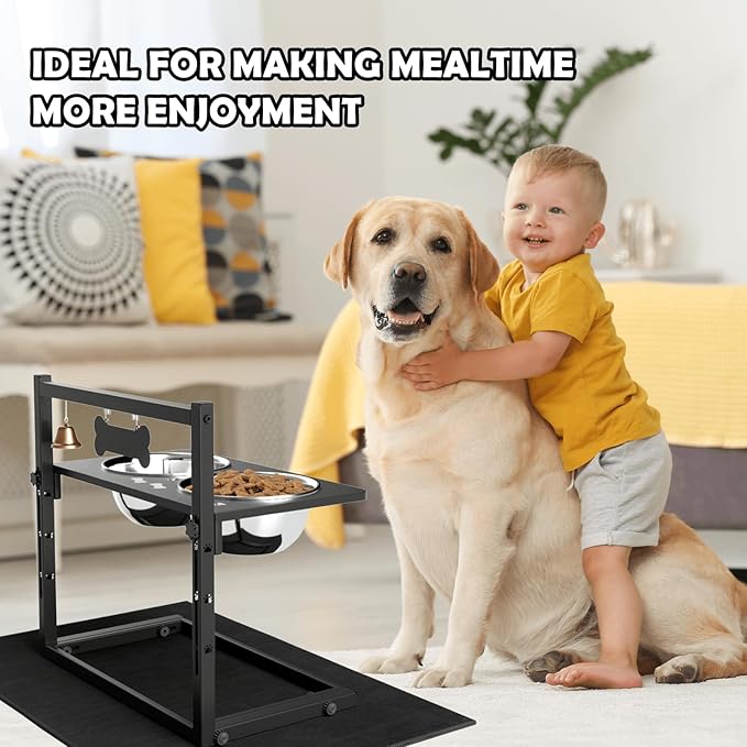 Elevated Dog Bowls with Slow Feeder and Spill Proof Mat, Adjustable Height 4.3-11.8'', Two 1.7L Stainless Steel Food & Water Bowls, Metal Raised Dog Bowl Stand, for Large Medium Breeds-PurrikoPets