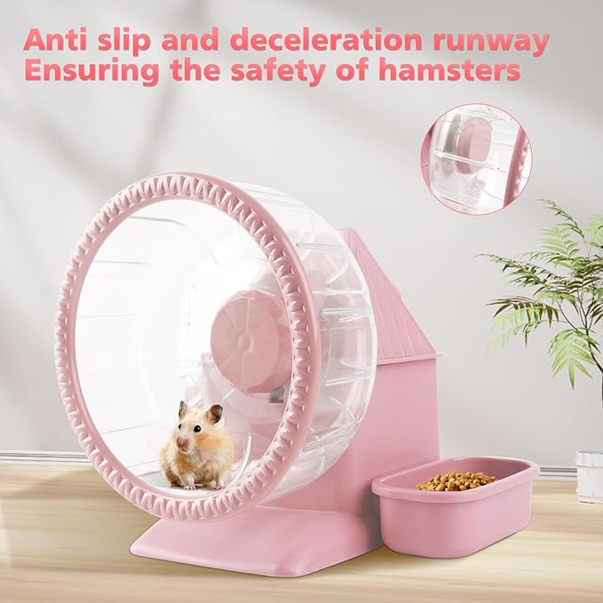 4 in 1 Silent Large Hamster Wheel Multifunctional Hamster Running Wheel Quite Running Spinner Wheel Accessories with Food Bowl Water Bottle for Hamsters Dwarf Gerbil (Pink)-PurrikoPets