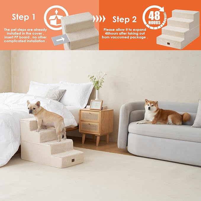 EHEYCIGA Dog Stairs for Bed 20" H, 4-Step Extra Wide Dog Steps for High Bed, Pet Steps for Small Dogs and Cats, Non-Slip Balanced Pet Ramp Indoor, Beige-PurrikoPets
