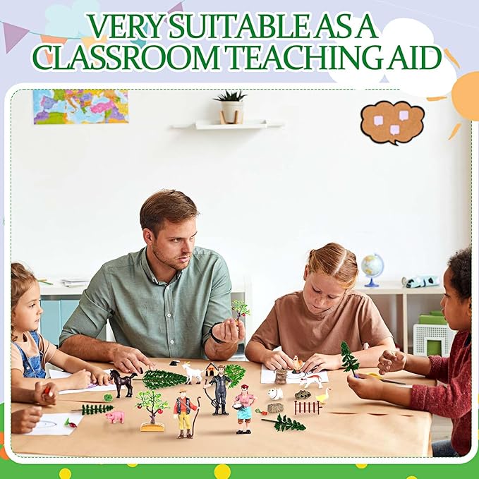 27 Pcs Farm Toys Set, 3 Little Farmer Figurines 9 Plastic Animals Figurines 10 Feed Food Fence Playset 4 Model Trees 1 Moss Mat Animal Farm Toys for Educational School Project Gift-PurrikoPets