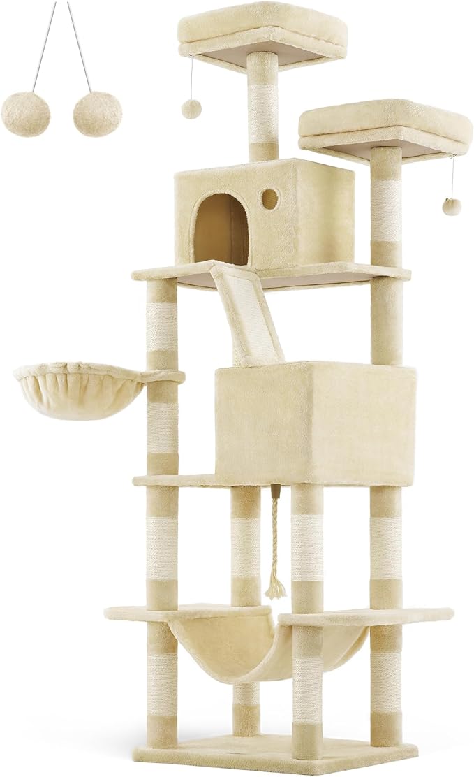 Feandrea Cat Tree, 81.1-Inch Large Cat Tower with 13 Scratching Posts, 2 Perches, 2 Caves, Basket, Hammock, Pompoms, Multi-Level Plush Cat Condo for Indoor Cats, Beige UPCT190M01-PurrikoPets