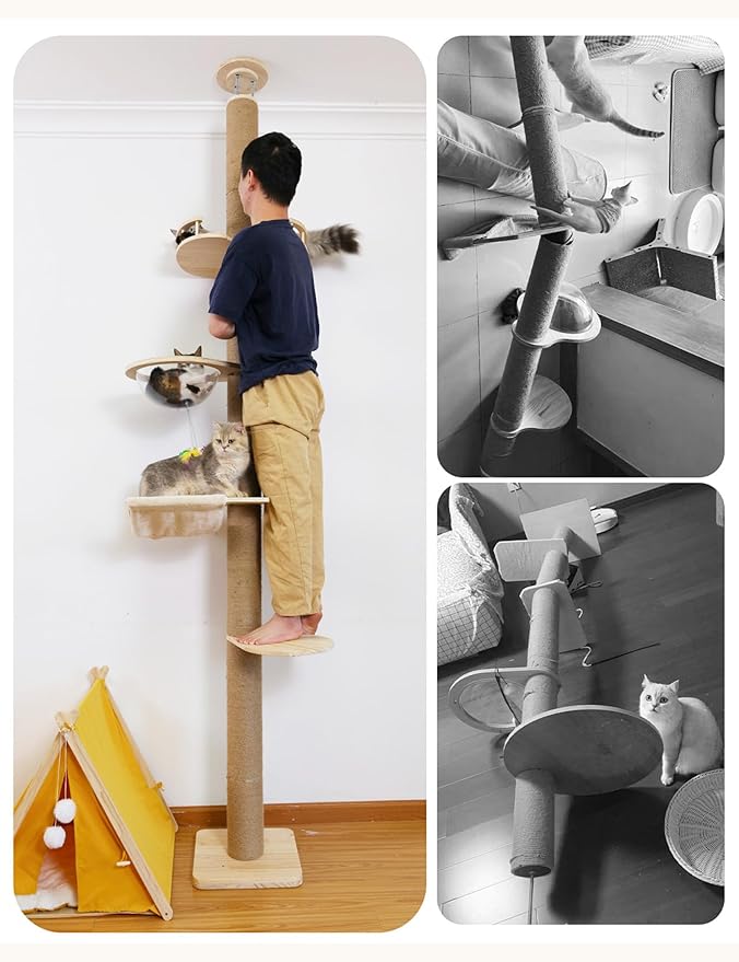 Floor-to-Ceiling Cat Tree with Natural Sisal Rope Scratching Post - Adjustable Height (55-119 Inches) - Modern Cat Activity Tree, Cat Scratcher Post-PurrikoPets