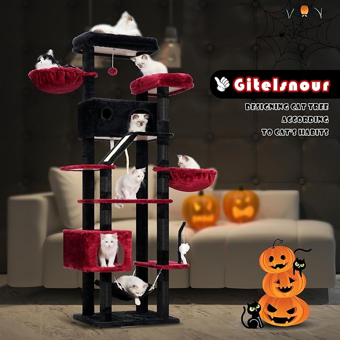 Gothic Cat Tree for Large Cats, 78.7"(200cm) Tall Cat Tower for Indoor Cats Multiple Cats with Large Top Perch, Cat Condo, Cat Hammcok, Cat Scratching Post, Black and Red GCT031BR-PurrikoPets