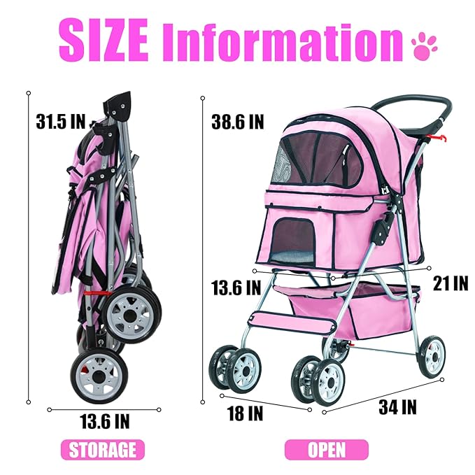 Dog Stroller, Folding 4 Wheels Pet Stroller for Small Medium Dog Cat Travel Carrier with Weather Cover Storage Basket Cup Holders Pink-PurrikoPets