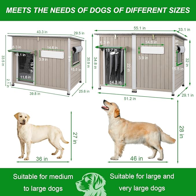 Dog House Outdoor Weatherproof & Wooden Dog Kennel with Chew-Proof Iron Frame,Removable Floor, Adjustable Vent Window, Easy Assembly for Large and Extra-Large Dogs 55.1" D x 33.1" W x 34.8" H-PurrikoPets