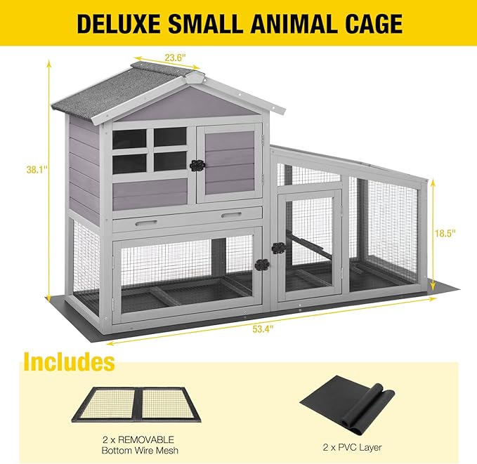 Aivituvin Rabbit Hutch Outdoor Chickecn Coop Indoor Bunny Cage with Pull Out Tray,Upgrade Version,Removable Bottom Wire Mesh 53.4" L x 23.6" W x 38.1" H-PurrikoPets