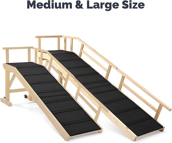 Dog Ramp for Bed or Couch, Wooden Pet Ramp with 20° Gentle Slope, Removable Side Rails, Non-Slip Surface, Top Platform & Wheels, Safe Bed Ramp for Small, Medium & Senior Dogs, 74" Long, Natural-PurrikoPets