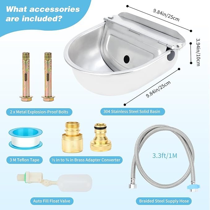 FHTONGE 304 Stainless Steel Automatic Water Dispenser with Drainage for Outdoor Big Dog, Large Auto Fill Dog Waterer Float Valves for Livestock Poultry Horse Cow Goat Pig Chicken Duck Rabbit Drinking-PurrikoPets