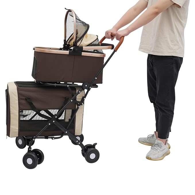Double Pet Stroller for Dogs and Cats, Foldable Dog Stroller Travel Carriage with Detachable Carriers, Safety Belts, and 4 Lockable Wheels for Small to Medium Pets (Coffee Color)-PurrikoPets
