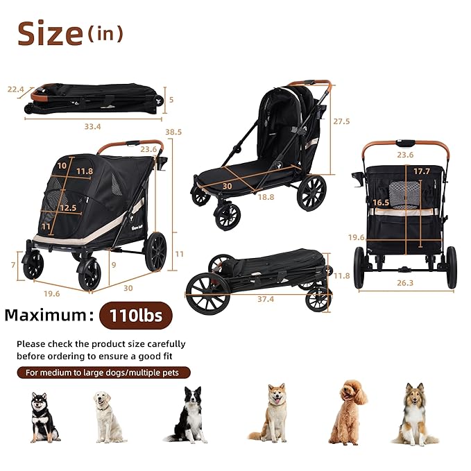 Dog Stroller for Large Dogs One-Click Folding 4 Wheel Foldable Dog Stroller for 2 Dogs with Storage Pocket Suitable for Pets Up to 110LBS (Black, Large)-PurrikoPets