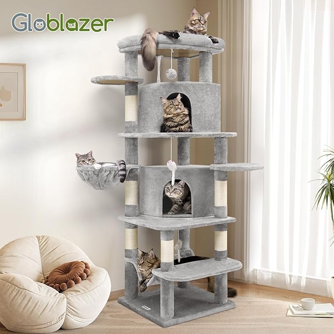 Globlazer Corner Cat Tree for Large Cats, 66inch Tall Curved Series Large Cat Tower for Multiple Indoor Cats with 6 Scratching Posts, 2 Spacious Cat Condos, Hammock, Hanging Basket, C66, Light Grey-PurrikoPets
