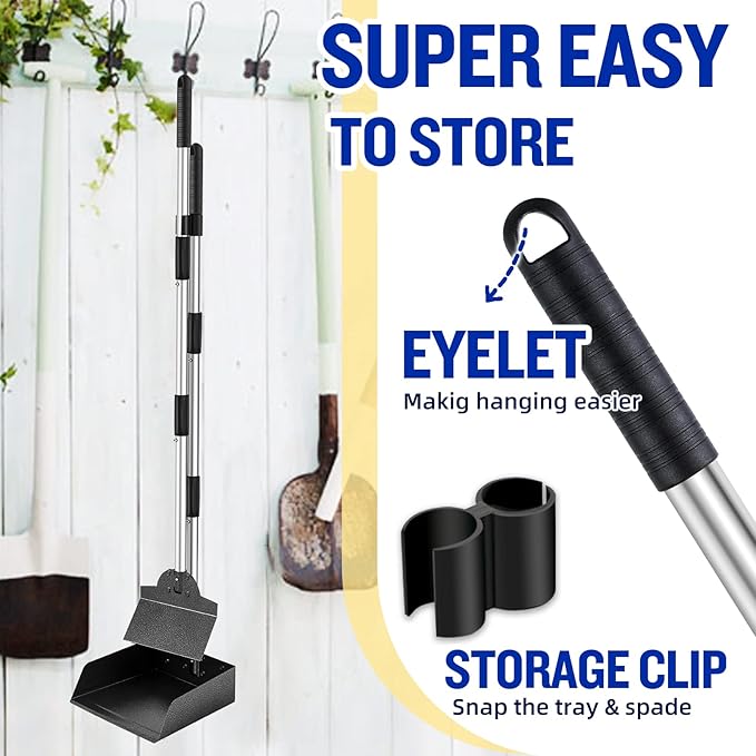 Dog Pooper Scooper,Tray and Spade Set Poop Scooper for Dogs, Adjustable Long Handle Metal Pooper Scooper with Bin for Pet Waste Removal, No Bending Clean Up for Medium and Large Dogs-PurrikoPets