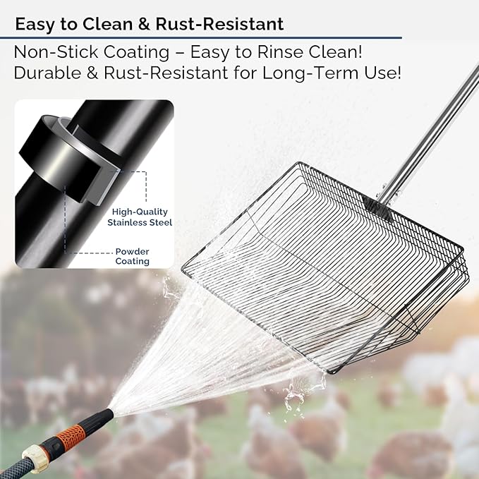 15" Extra-Wide Chicken Poop Scooper – Ergonomic Adjustable Handle (24-70in), Stainless Steel Sifting Shovel Deep Litter Cleaning for Chicken Coops, Goat - Chicken Coop Scoop for Sand, Straw, Hemp-PurrikoPets