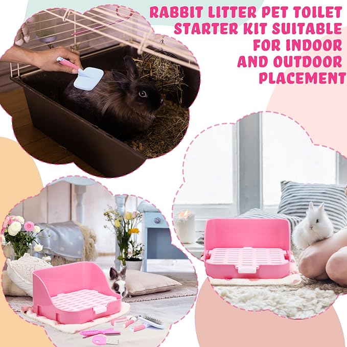 15 Pcs Rabbit Starter Kit Small Rabbit Litter Box Animal Grooming Kit Bunny Toys Bowl Blankets with Cleaning Set for Guinea Pig Accessories(Pink)-PurrikoPets