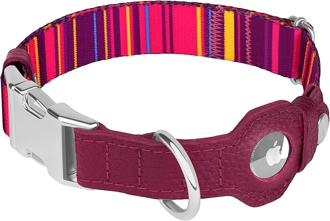 AirTag Dog Collar for Small Medium Large Breed - Adjustable Cute Pattern Dog Collar with Airtag Holder - Soft Leather Tracker GPS Apple Air Tag Pet Collars (Large, 17"-21" Neck Fit, Striped)-PurrikoPets