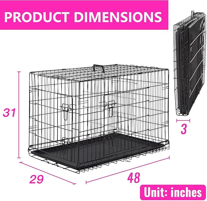 FDW Dog Crate for Large Dogs 48 Inch Folding Metal WirePet Cage Double Door W/Divider Panel Indoor Outdoor Kennel Leak-Proof Plastic Tray,Black-PurrikoPets