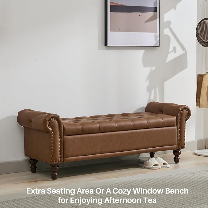 58.1'' Storage Bench Upholstered PU Leather End of Bedroom Bed Bench Ottoman with Tufted Cushioned Rolled Arm Large Storage Space for Reading Living Room Entryway, Brown-PurrikoPets