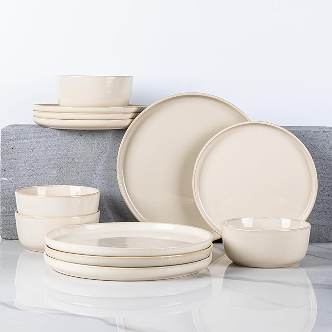 GBHOME Ceramic Dinnerware Sets for 4, 12 Pieces Stoneware Plates and Bowls Sets, Scratch Resistant Dishes, Dishwasher & Microwave Safe, Reactive Glaze-Vanilla color-PurrikoPets