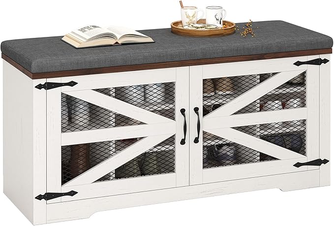 Farmhouse Storage Bench with Cushion, Metal and Wood Shoe Rack Organizer, Adjustable Shelf, Shoe Cabinet with Half Hidden Storage Space, for Entryway, Bedroom, Living Room (Old White, 43.3in)-PurrikoPets