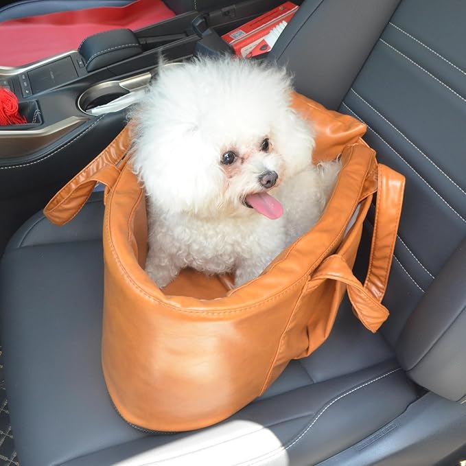 2 and 1 Center Console Dog Car Seat & Carrier for Small Dogs, Large Leather Dog Car Bed with Storage Pocket, Waterproof PVC Leather Seat Travel Bed for Front & Back Seat, Clip-On Safety Leash-PurrikoPets