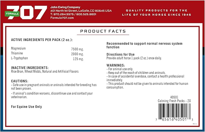 Formula 707 Calming Equine Supplement, Daily Fresh Packs – Anxiety Relief and Enhanced Focus for Horses – L-Tryptophan, Thiamine & Magnesium-PurrikoPets