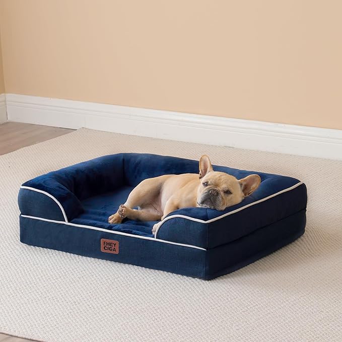 EHEYCIGA Orthopedic Dog Bed for Small Dogs, Waterproof Memory Foam Small Dog Beds with Sides, Non-Slip Bottom and Egg-Crate Foam Medium Pet Couch Bed with Washable Removable Cover, Navy-PurrikoPets