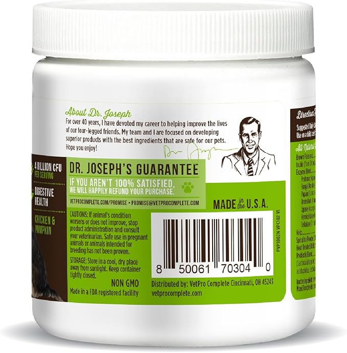 Dr. Joseph's VetPro Complete Advanced Powdered Pre & Probiotics for Dogs, 90 Scoops, Supports Gut Health, Diarrhea, Digestive Health & Seasonal Allergies, Chicken/Pumpkin Flavor, Add to Food-PurrikoPets