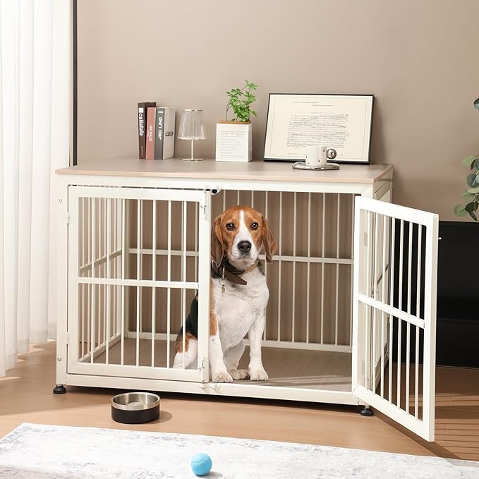 48" Rustic Heavy Duty Dog Crate Furniture for Extra Large Dogs, Decorative Pet House End Table, Wooden Cage Kennel Furniture Indoor, Double-Doors Sturdy Dog Cage-PurrikoPets